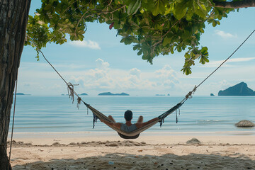 A happy man relax in hammock on summer beach Thailand