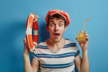 Summer Vibes, Man Enjoying a Refreshing Cocktail with Lifebuoy