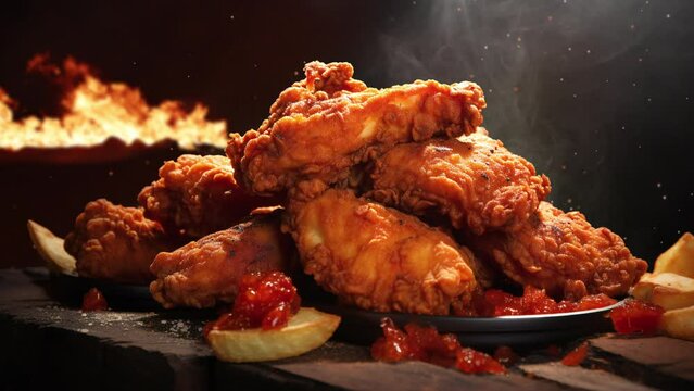 Animation of toasted fried chicken in a plate in a table
