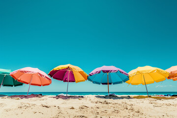 Vibrancy of summer with colorful beach umbrellas set against a clear blue sky.