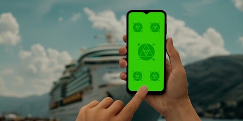 Hand holding a phone with a green screen, ideal for mockups and travel-related design showcases