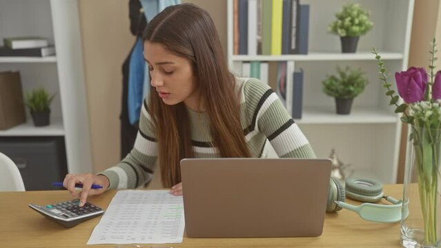 A young hispanic woman concentrates on budgeting with a calculator and spreadsheets in a home office setting.