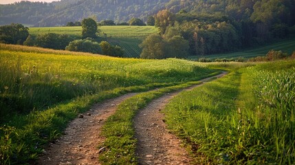 A rural path meandering through summer agricultural fields