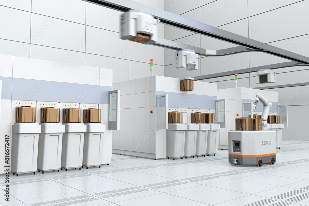Poster semiconduct wafer cleaning, etching system and oht, agv in fab cleanroom. generic design. 3d renderi