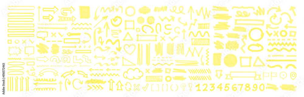 Poster hand drawn marker strokes. yellow marker stroke lines, markers stripes and highlight elements, perma