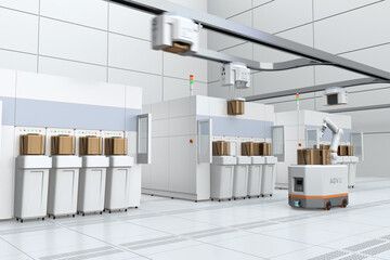 Semiconduct Wafer Cleaning, Etching system and OHT, AGV in Fab cleanroom. Generic design. 3D rendering image.