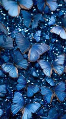 A pattern of blue butterflies with glitter and sparkle.