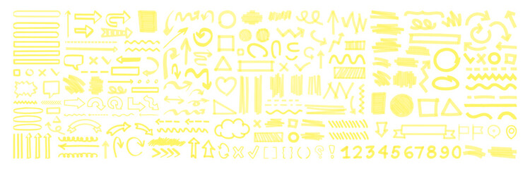 Hand drawn marker strokes. Yellow marker stroke lines, markers stripes and highlight elements, permanent marker signs