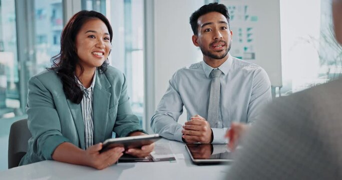 Business people, meeting and job interview for project onboarding, proposal and b2b ideas on digital tablet. Professional worker talking and listening to client or new employee in public relations
