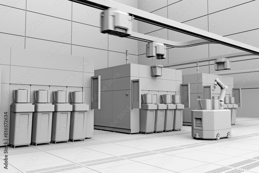 Poster clay rendering of semiconduct wafer cleaning, etching system and oht, agv in fab cleanroom. generic 