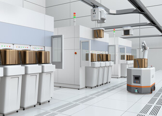 Semiconduct Wafer Cleaning, Etching system and OHT, AGV in Fab cleanroom. Generic design. 3D rendering image.