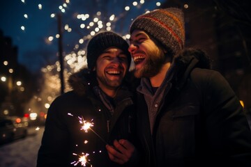 
Illuminate the night with dazzling images of a gay couple lighting sparklers and laughing joyfully as they welcome the New Year with warmth and affection