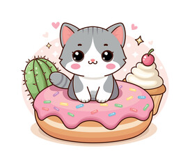 Cute gray and white kitten on a big donut. Children's illustration. Isolated on white background.