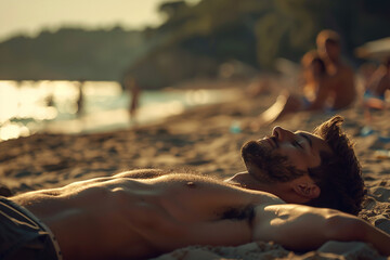 A man Enjoying Sunbathing at Beach