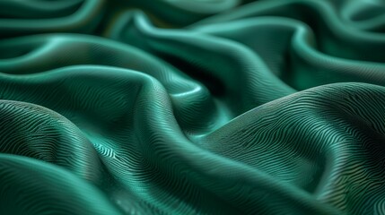 An abstract silk cloth background with soft waves blurred over black green satin dark fabric texture.
