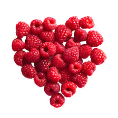 Heart shape made of fresh Red raspberry top view isolated on transparent background