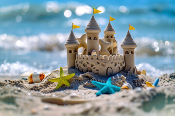 Sandcastle with beach toys on the sea in summertime
