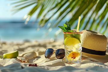 Straw hat with a exotic cocktail and sunglasses on sand beach