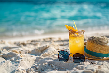 Straw hat with a exotic cocktail and sunglasses on sand beach