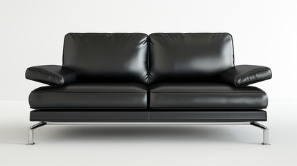 A contemporary black leather sofa with clean lines and chrome legs, showcased against a pristine white backdrop.