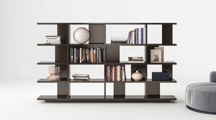 A contemporary bookshelf with adjustable shelves and a glossy finish, standing against a white backdrop, ready to display books and decor.