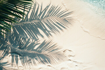 top view of beach sand and palm leaf shadow on it, background. minimal summer concept. flat lay