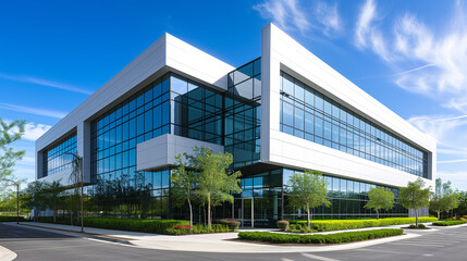 Contemporary office space surrounded by greenery on a bright, sunny day