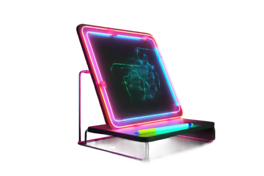 Illuminated Dreams: A Neon Lit Laptop Stand on White or PNG Transparent Background.