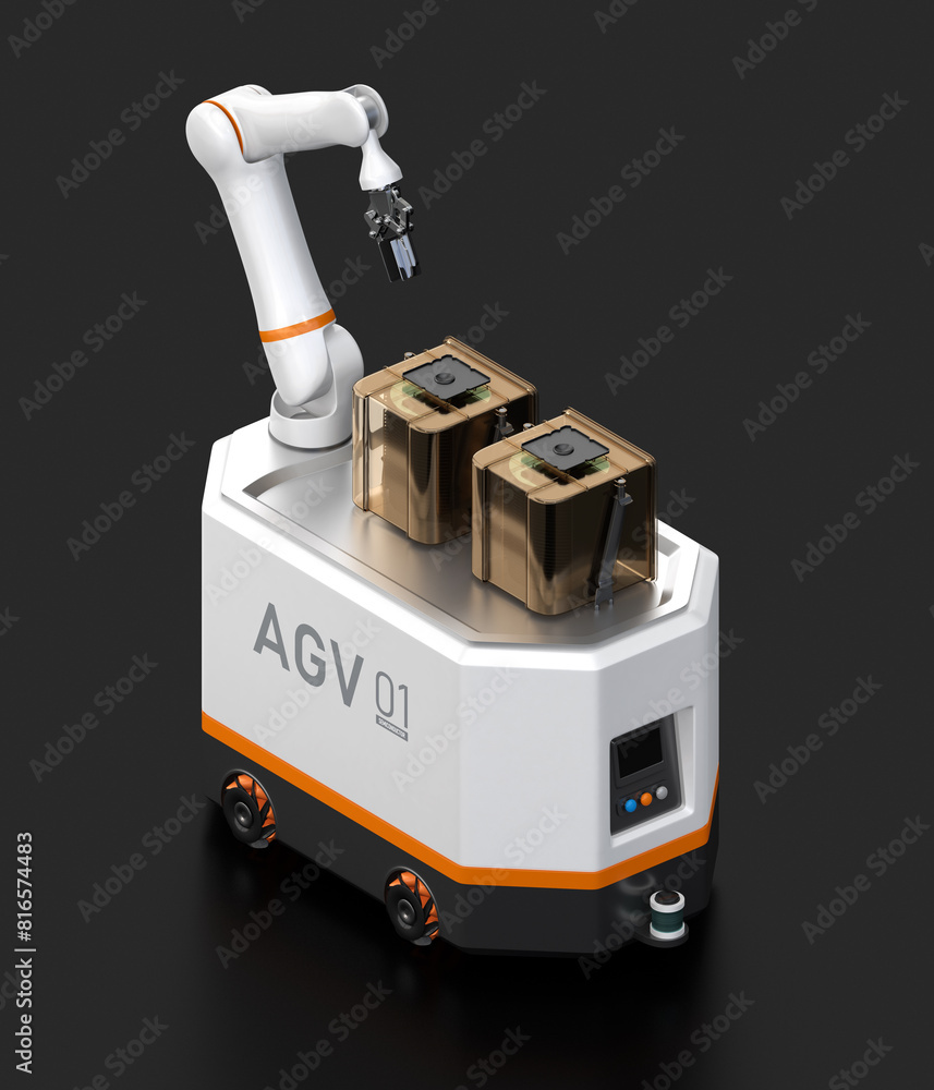Poster agv for semiconductor fab with foup on black background. isometric view. generic design. 3d renderin