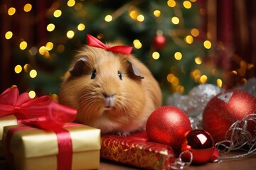 Obraz premium Photo A guinea pig adorned in festive attire sits by the Christmas tree in anticipation of the New Year