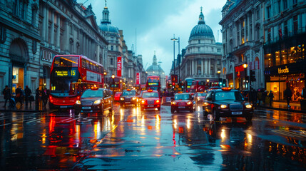 Piccadilly Circus in Rainy London with Taxis and Buses
