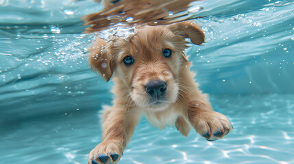 Underwater photo of a golden retriever puppy swimming in a pool, in a playful and fun mood