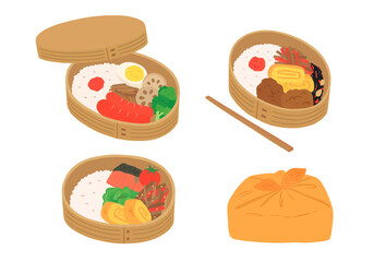 曲げわっぱ弁当箱の手描きイラストセット（カラー/主線なし）