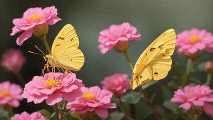 A yellow butterfly with black markings on its wings is perched on a flower.