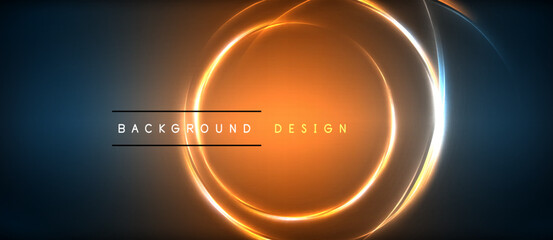 Neon glowing circle rays, light round lines in the dark, planet style neon wave lines. Energetic electric concept design for wallpaper, banner, background