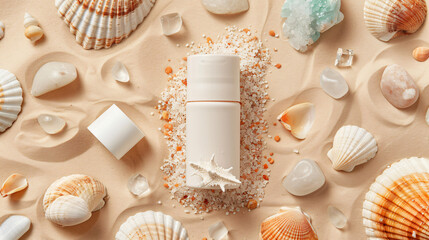 Deodorant with shells stones and sea salt on beige background