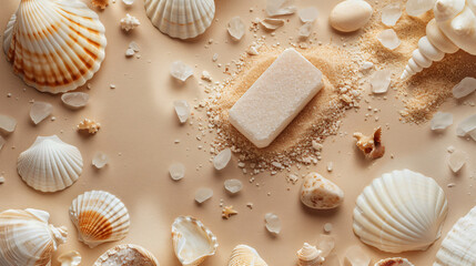 Deodorant with shells stones and sea salt on beige background