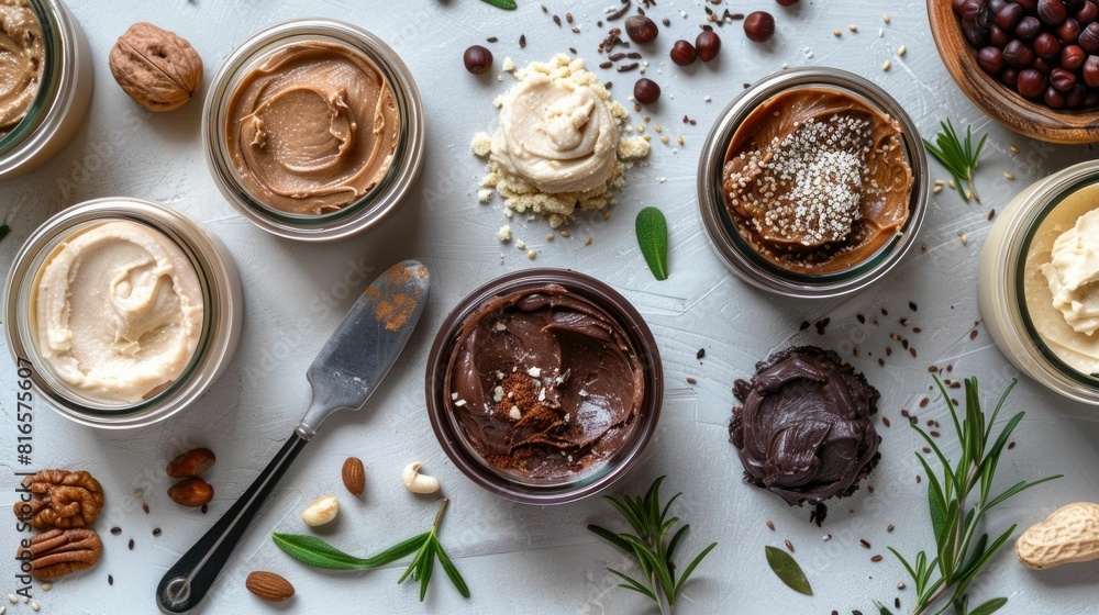 Aufkleber assortment of nut butter spreads in open jars with knives on wooden table description this image sho