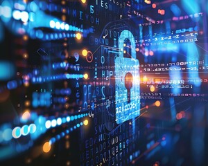 A glowing blue padlock icon in front of a dark blue background with a circuit board pattern.