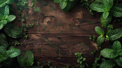 Fresh mint leaves on a wooden backdrop