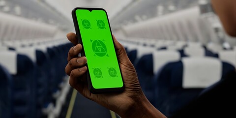 Hand holding a phone with a green screen against an airplane cabin backdrop
