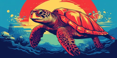 A digital painting of a sea turtle swimming in a colorful ocean.