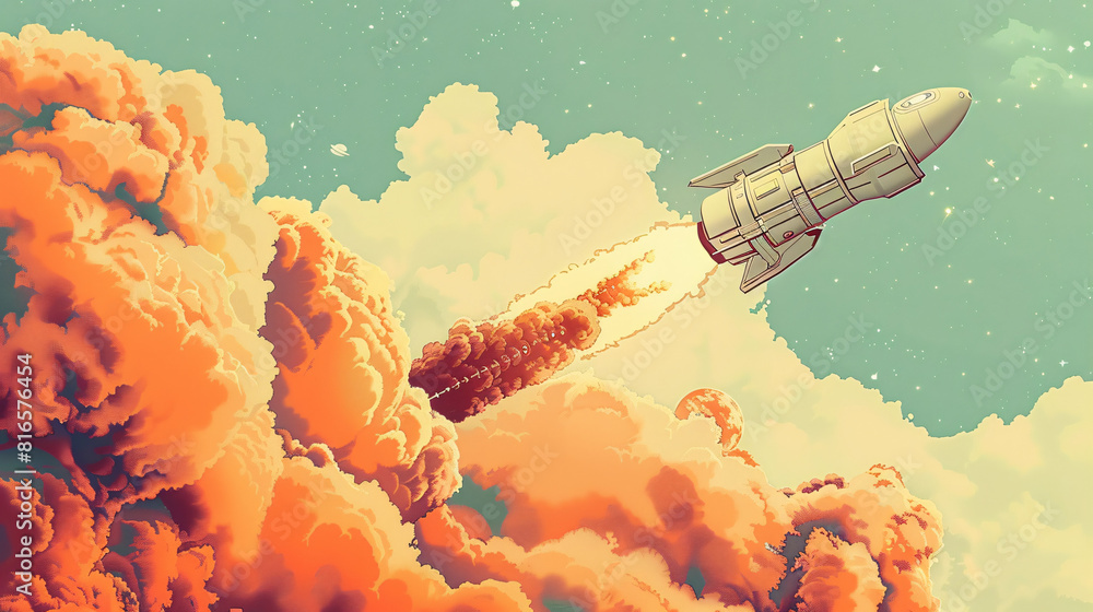 Poster a minimalist composition features a space rocket blasting off into the cosmos, accompanied by a robo