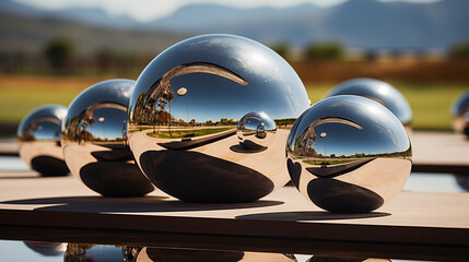 Shiny Silver Spheres Glisten on a Polished Table, Set Against a Majestic Mountain Backdrop, Symbolizing a Perfect Blend of Modern Elegance and Natural Beauty