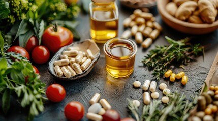 Fototapeta premium Nutritional Supplements and Natural Foods Displayed on Rustic Wooden Table for Healthy Lifestyle and Wellness Concept