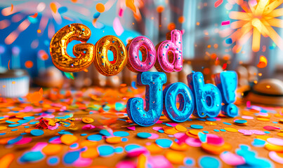 Good Job Congratulations Party with Festive Colorful Confetti Balloons and Vibrant Celebration Background
