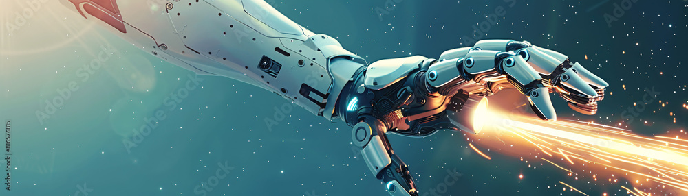 Poster in a striking minimalist composition, a hand robot ai is depicted alongside a space rocket launching