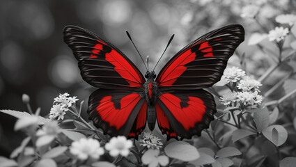A black and red butterfly is resting on a stone surface. - Powered by Adobe