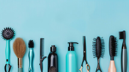 Different hairdressing tools on light blue background