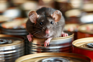 Rat Exploring a Maze of Tin Cans. Generative AI image.